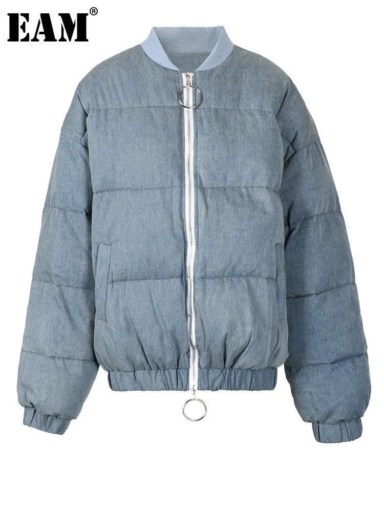 [Eam] Blue Denim große Größe warme Daunen jacke neuer Stehkragen Langarm warme Frauen Parkas Mode Herbst Winter cpg1072