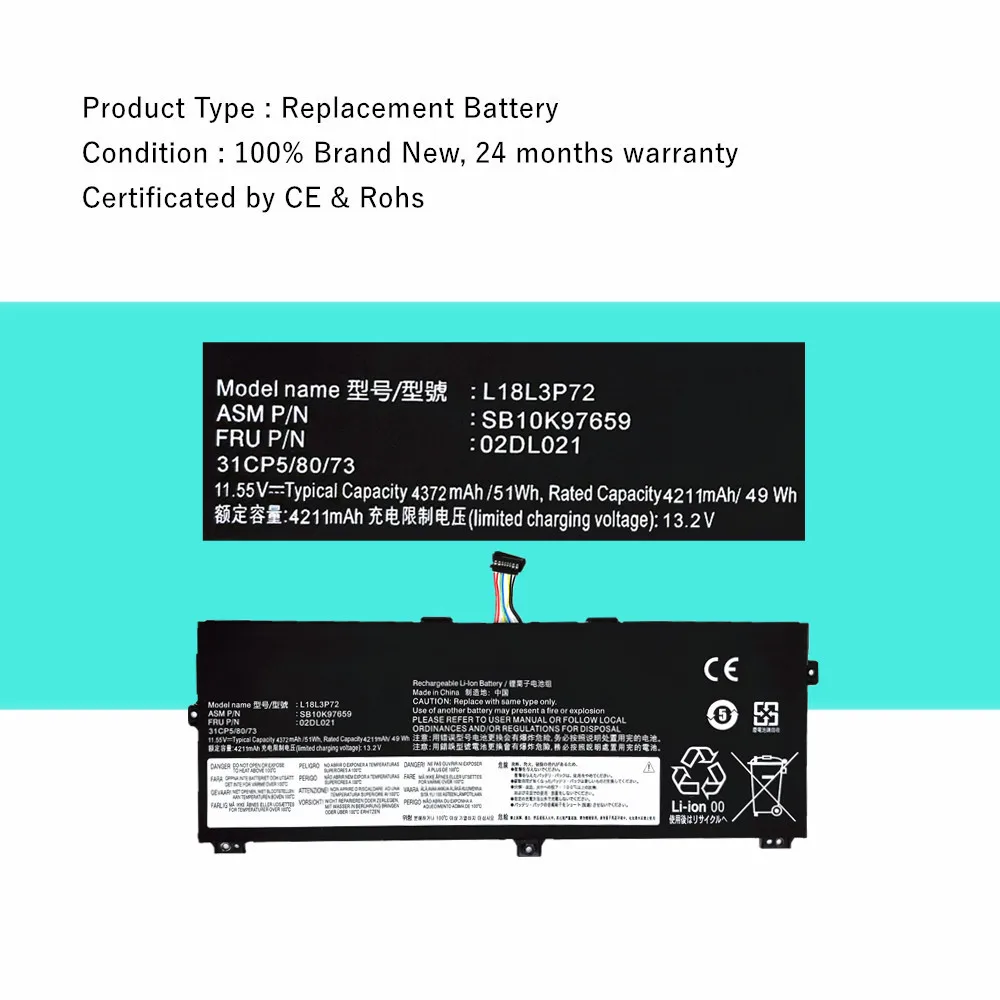 L18L3P72 Laptop Battery For Lenovo ThinkPad X390 Yoga X13 Yoga 1st Gen (2020) Series L18M3P72 L18S3P72 L19M3P71 02DL022