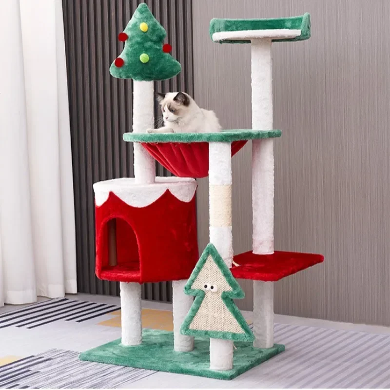 Christmas Cat Tree Climbing Frame Soft Plush Cat Bed Cat Tower with Sisal Cat Scratching Board Toy Xmas Gift for Indoor Cats