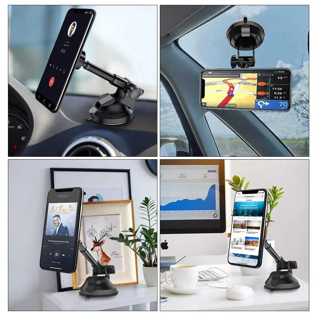 ที่วางโทรศัพท์ในรถยนต์แบบแม่เหล็กสากลสําหรับแดชบอร์ดและกระจกหน้ารถยนต์พร้อมแม่เหล็กที่แข็งแกร่ง 6 อันและแขนยืดไสลด์โลหะ - สีดํา