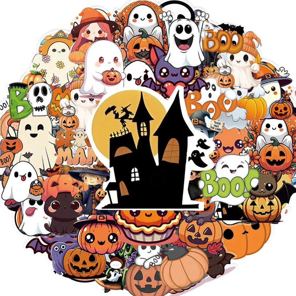

10/30/50pcs Cute Cartoon Pumpkin Ghost Witch Stickers Transparent PET Decals Luggage Scrapbook Guitar Kawaii Decoration Sticker