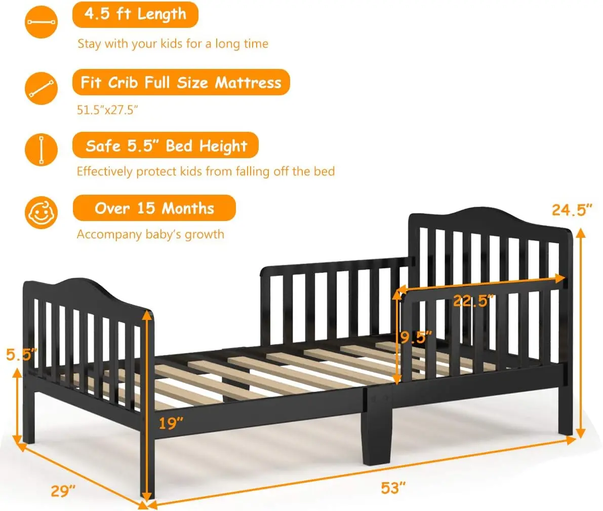 JOY Toddler Bed Frame, Solid Rubber Wood Frame w/Safety Guardrail, Fits Crib Full Size Mattress (Not Included), Children Classic