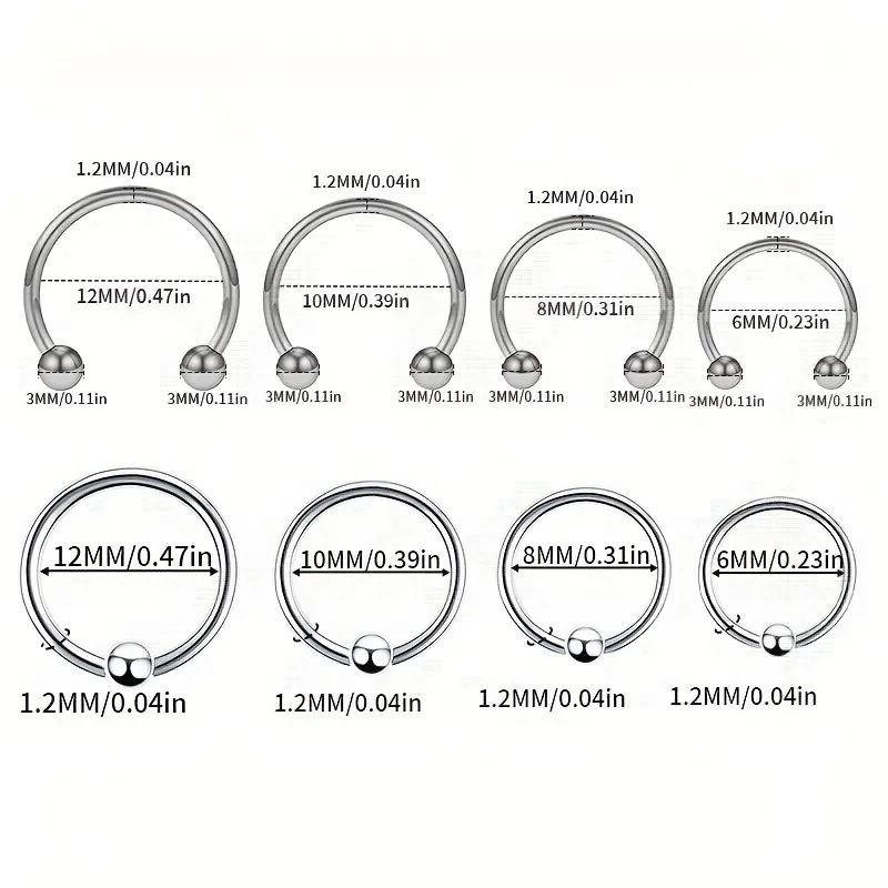 16Pcs Set 6-12mm Men's Steel Horseshoe and Captive Bead Nose Hoop Septum Earring Tongue Lip Tragus Piercing Jewelry Rings