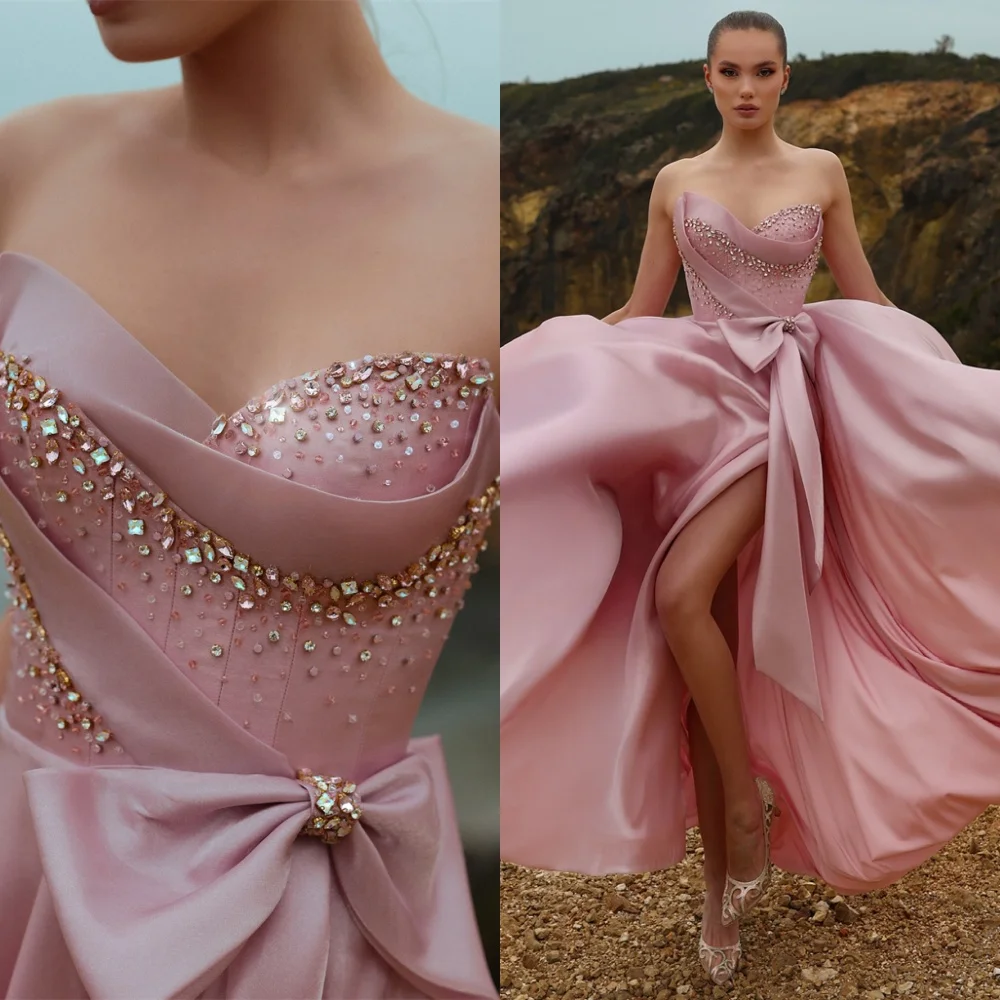사용자 정의 럭셔리 핑크 새틴 이브닝 드레스 절묘한 Strapless 민소매 댄스 파티 드레스 기질 특별 행사 가운