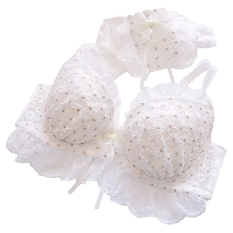 Women Bra and Panty Set Janpanese Cute Lace Hollow Lace Bow Underwear Bra Push Up with Padded Steel Ring Pure Sweet Lingerie