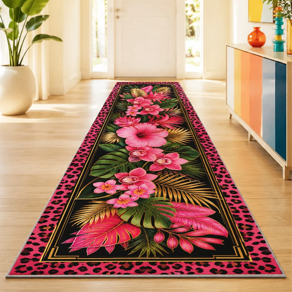 Vibrant Hibiscus Runner Rug Pink Leopard Border Flower Carpet For Kitchen Hallway Laundry Room Balcony Welcome Floor Mat New