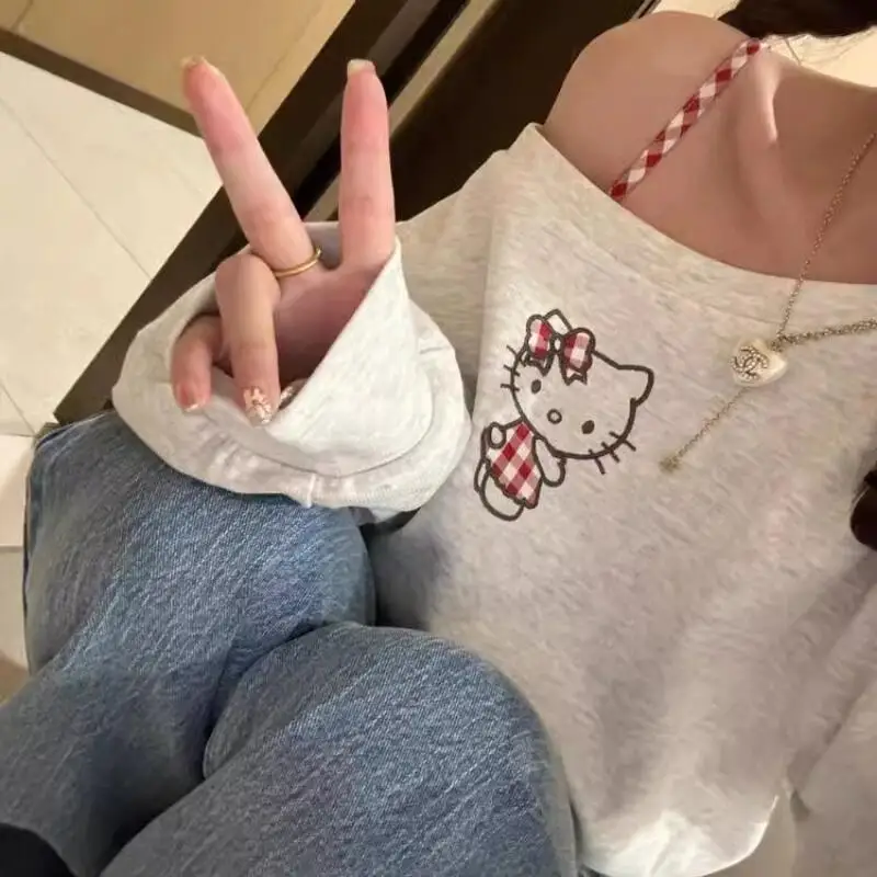 2025年春・秋新作 可愛い斜め肩パーカー ハローキティ レディース シンプル オフショルダー ファッション ショート丈トップス