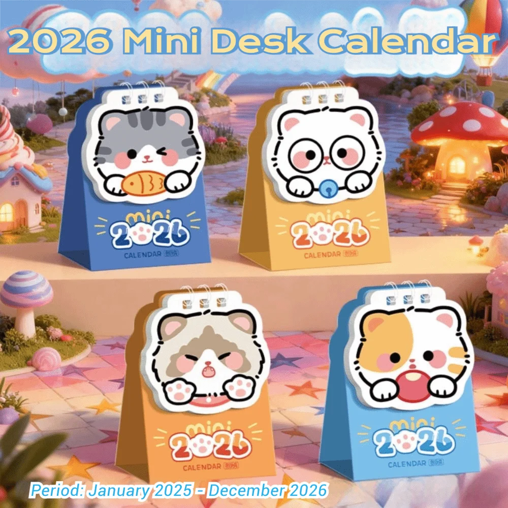 

Милый мини-календарь на 2026 год, портативный график, планировщик, мультяшный кот, календарь, украшения, настольные украшения