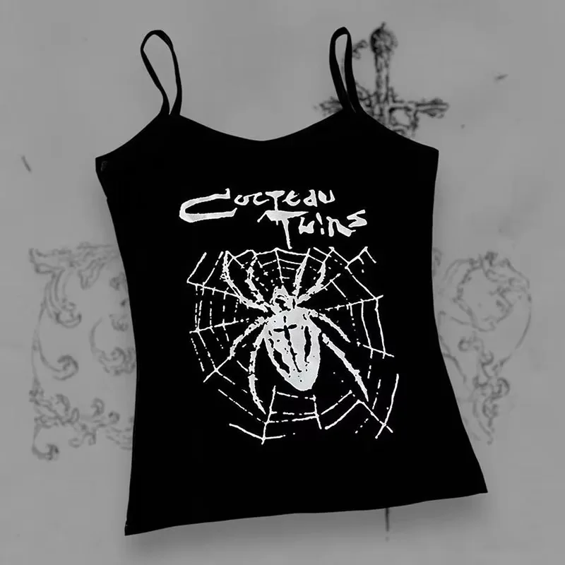 Women Gothic Spider Web Print Cami Tank Top Sleeveless Spaghetti Strap Y2K Slim Cropped Camisole Dark Punk Streetwear Tops