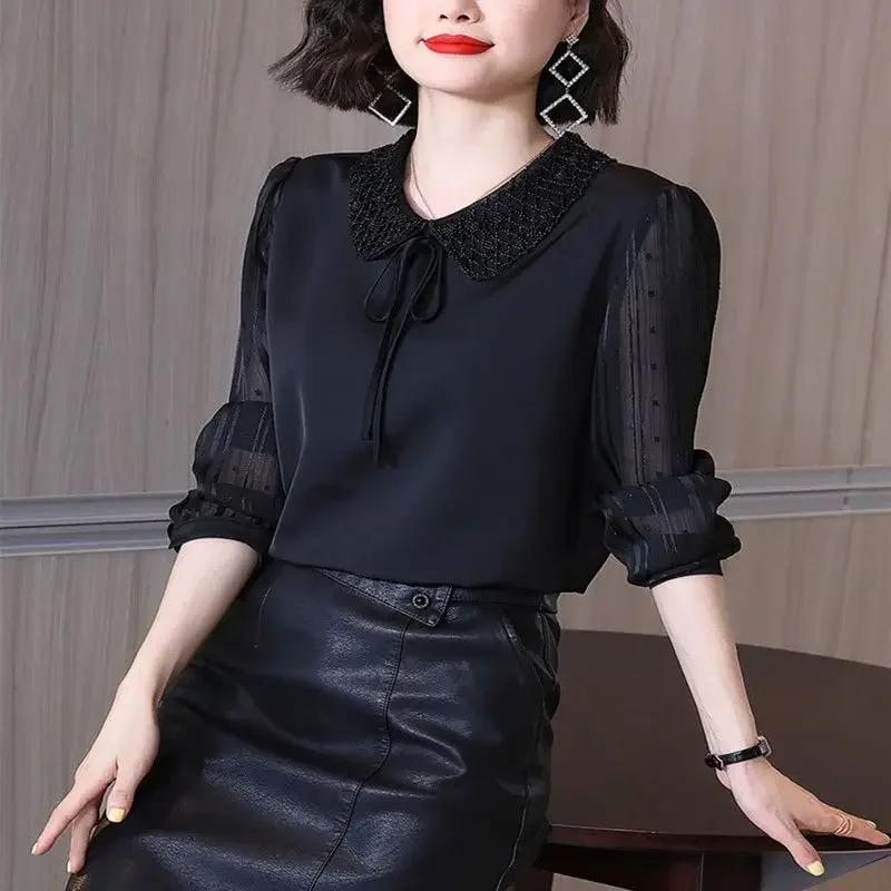 Spring and Autumn Women\'s Pullover Doll Neck Solid Color Lace Up Loose Fit Long Sleeve Chiffon Shirt Fashion Commuter Tops