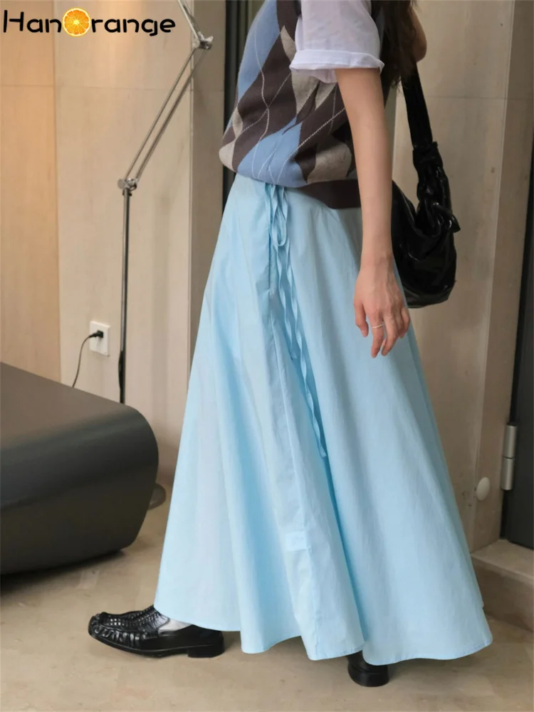 HanOrange 2024 Autumn Tie Up Waist Wrapped Skirt A-line Umbrella Long Skirt White/Blue