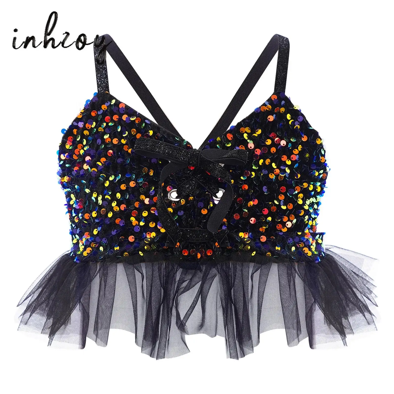 Dziecięcy dziewczęcy top do tańca jazzowego i latynoamerykańskiego, z błyszczącymi cekinami, aksamitnymi ramiączkami spaghetti, tiulowymi falbankami, bluzka na ramiączkach, kostium sceniczny.