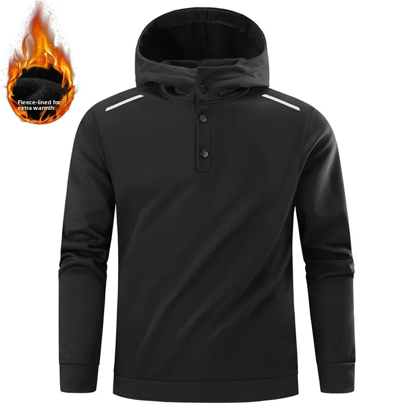 

Autumn and Winter New Simple Solid Color Fleece-lined Hoodie, Half-button Unisex Double-slit Long Sleeve Top, Loose Fit