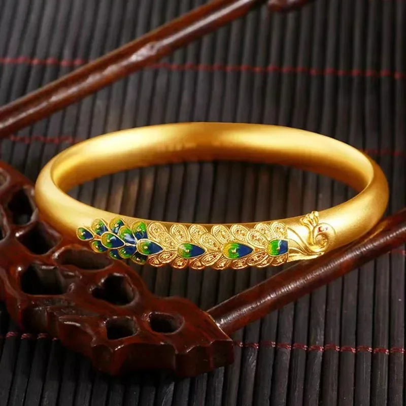

High Quality Gold 999 Ancient Enamel Peacock Bracelet AU750 Chinese Antique Style Bracelet Luxury Quality Jewelry Rourke