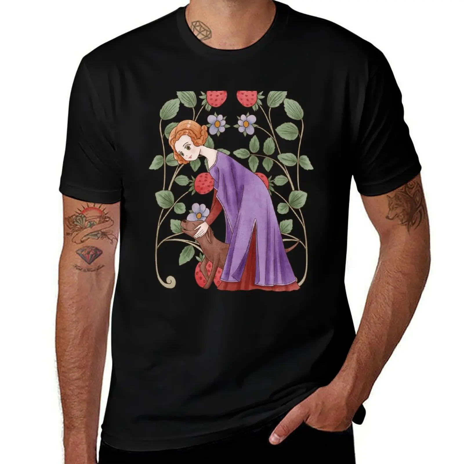 

Cute Medieval Woman with dog Watercolour illustration T-Shirt affliction shirts essential t shirt shirts men