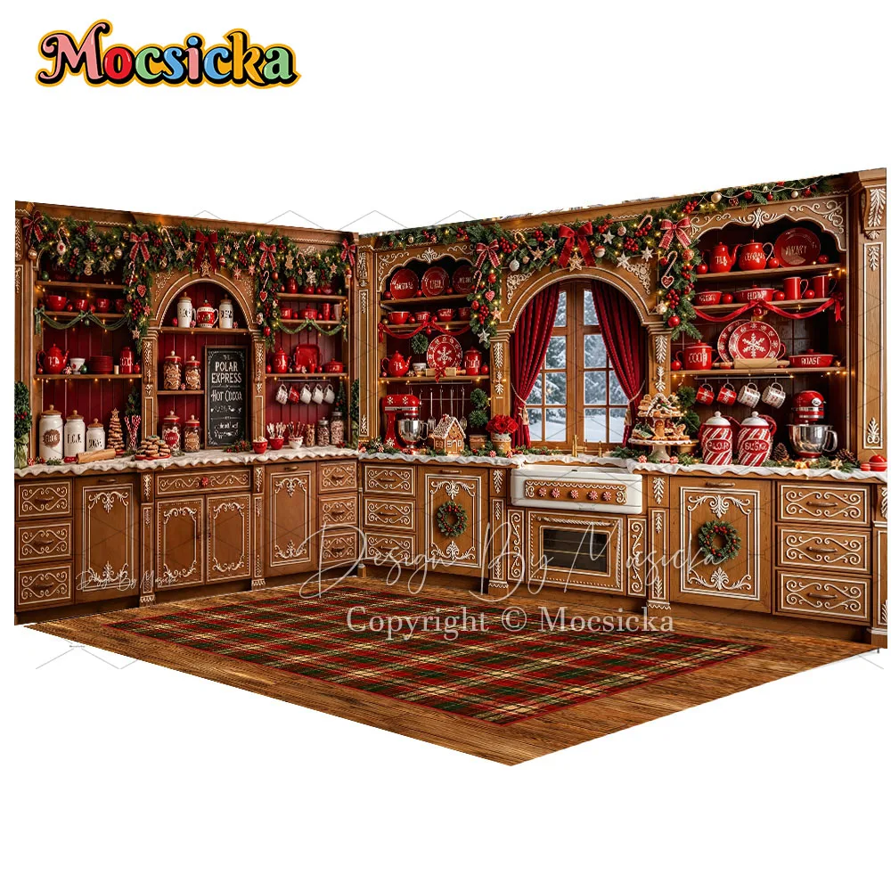 Mocsicka Christmas Kitchen Corner Backdrop Photography Vintage Gingerbread House Xmas Garland Background Family Holiday Photo