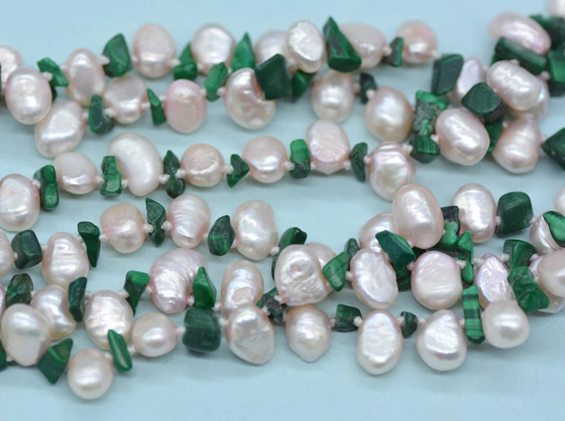 

Classic Christmas gift, beautiful 3 strands Natural peach red baroque pearl and natural peacock irregular stone necklace 19"