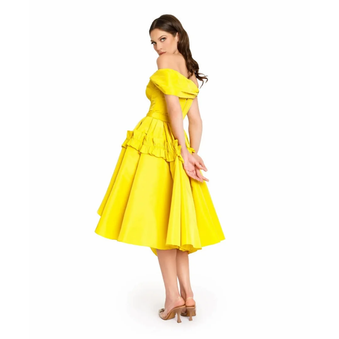 Lemon Off the Shoulder Tea-Length Homecoming Dresses Satin Lovely Pleats Ruffles Irregular Birthday Party Gown Teen's Prom Dress