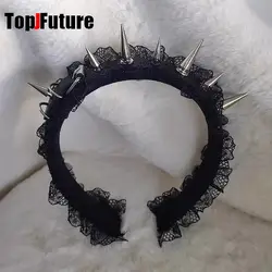 Subculture Y2K GIRL Women's Harajuku Steampunk Gothic Lolita Punk Dark lace rivet Pointed nail black eadband hair band Accessory