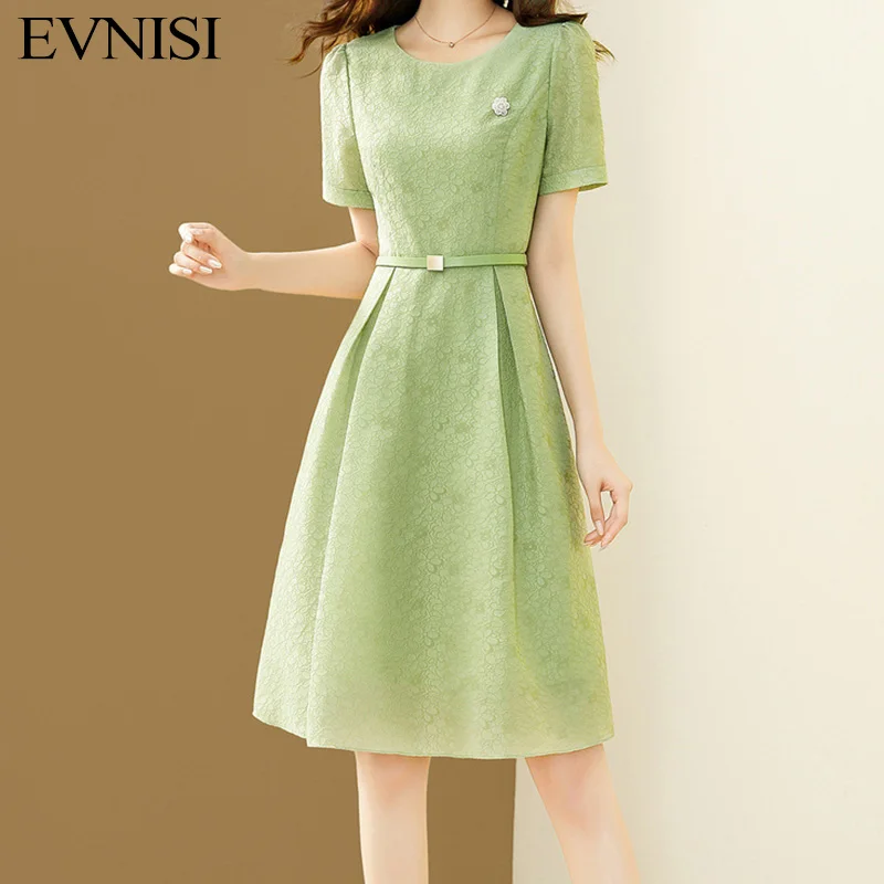 

EVNISI Women Elegant Embroidery Chiffon Dress O-Neck Casual Green Office A-line Dresses With Belt Women Party Vestido 2024 Summe