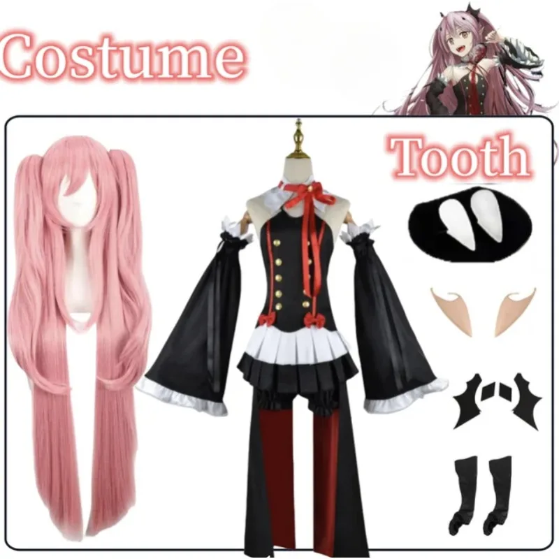 

Krul Tepes Cosplay Anime Seraph Of The End Cos Pink Wig Dress Teeth Earrings Suits Halloween Christmas Carnival Role Play Party