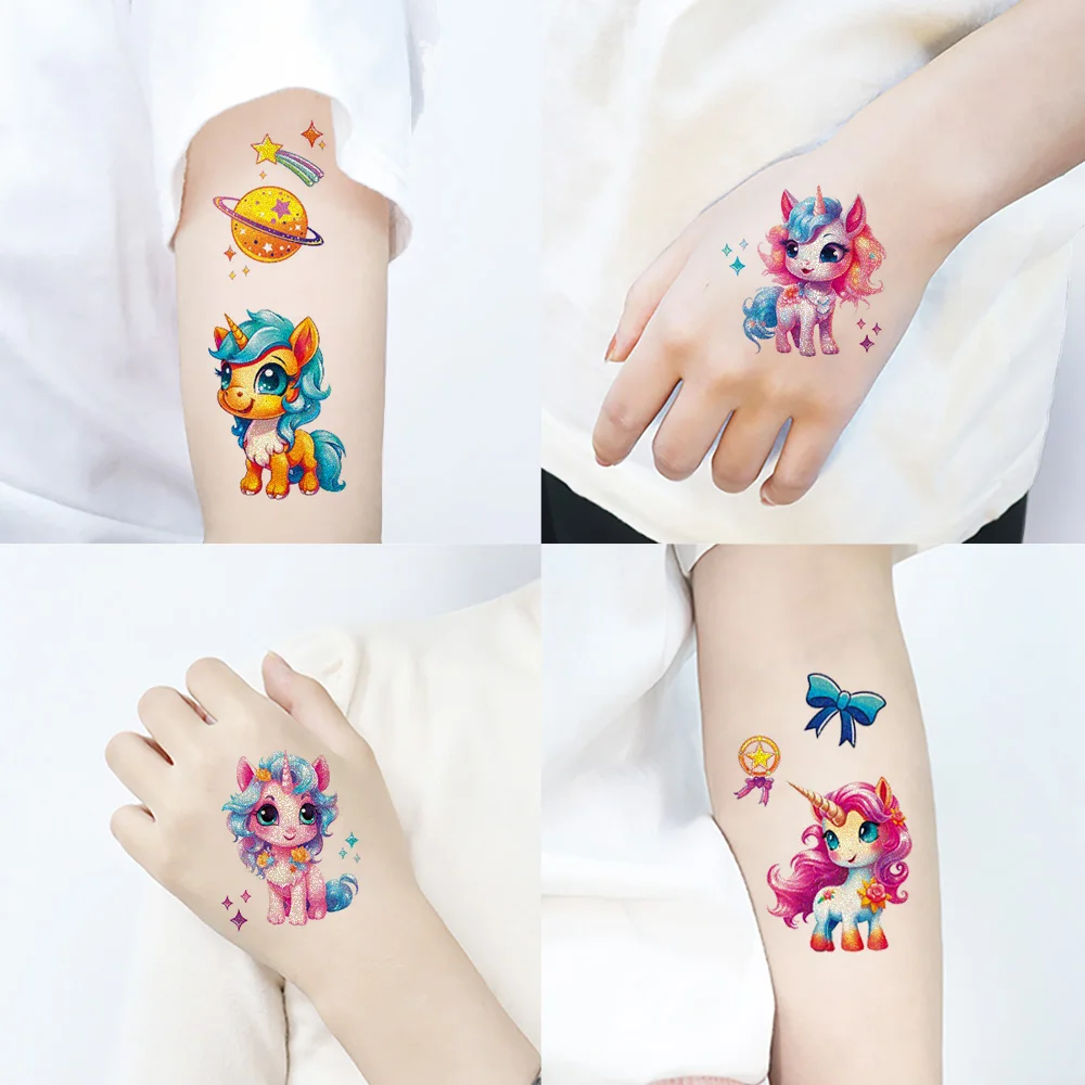 Einhorn-Meerjungfrau-Tattoo Buntes Glitzerpulver Wasserdichter Temporärer Aufkleber Niedliche Cartoon-Körperkunst Arm-Fake-Tattoos – Detail 4