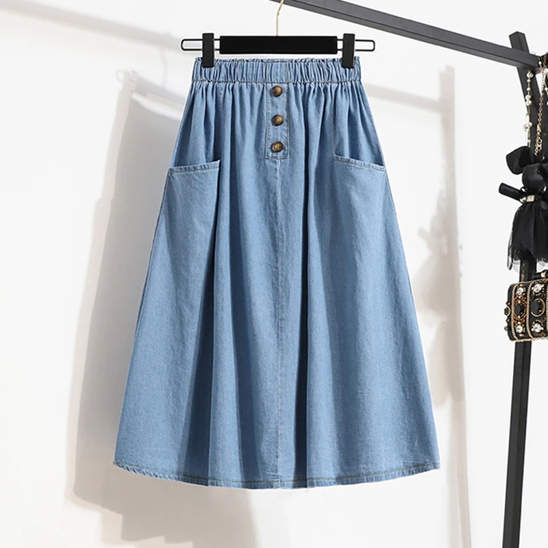 

Spring Summer Denim Skirt Women Casual Loose Pocket Elastic High Waist A-line Midi Long Skirt