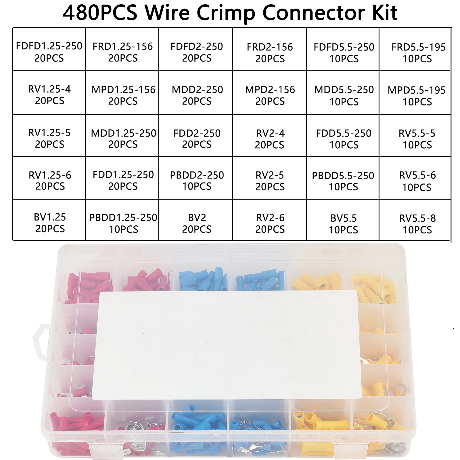 280/480Pcs Assorted Spade Terminals Insulated Cable Connector Electrical Wire Crimp Butt Ring Fork Set Ring Lugs Rolled Kit Box