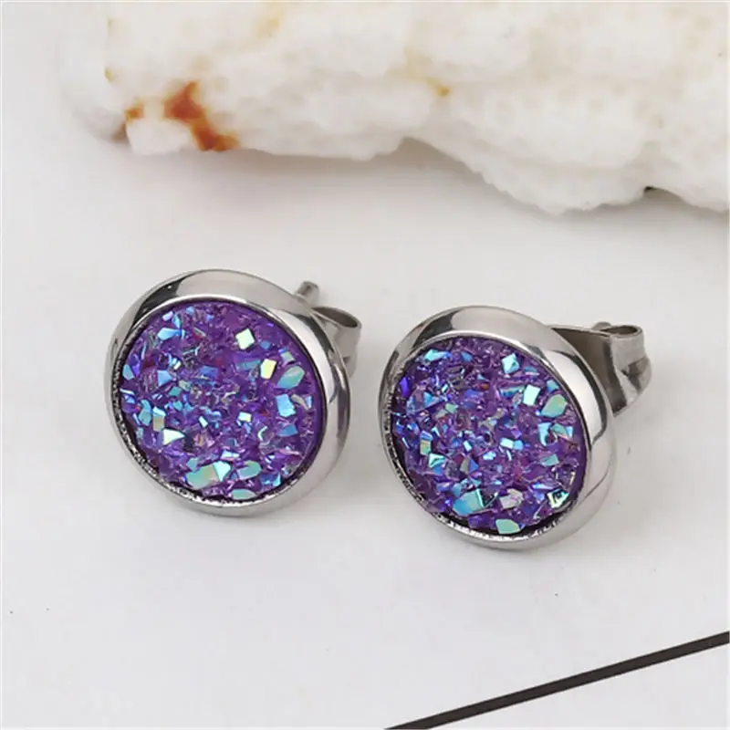 New Fashion Stainless Steel Drusy Ear Post Stud Earrings Colorful Round AB Color 10mm Dia., Post/ Wire Size: 19 gauge, 2 Pairs