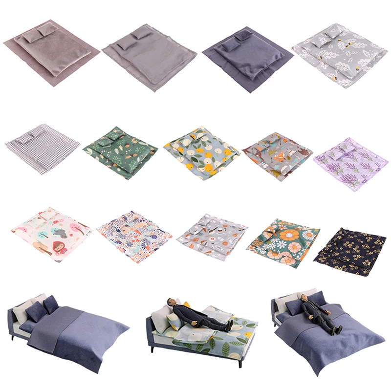 1/6 1/12 Doll House Model Furniture Accessories Cotton Bedding Set Bjd Ob11 Miniature Dollhouse Sheet Quilt Pillow