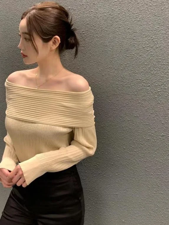 

oulder Bared Long Sve Knitted Sweater Chic Autumn Top Slimming Design Casual Commute Sle Pure Color Chinese Production