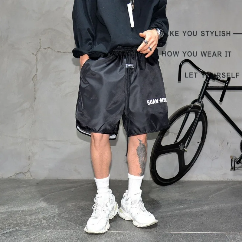 American High Street Loose Solid Drawstring Shorts Men's Trendy Summer Wide Leg Versatile Sports Fitness Short Pants Hip Hop