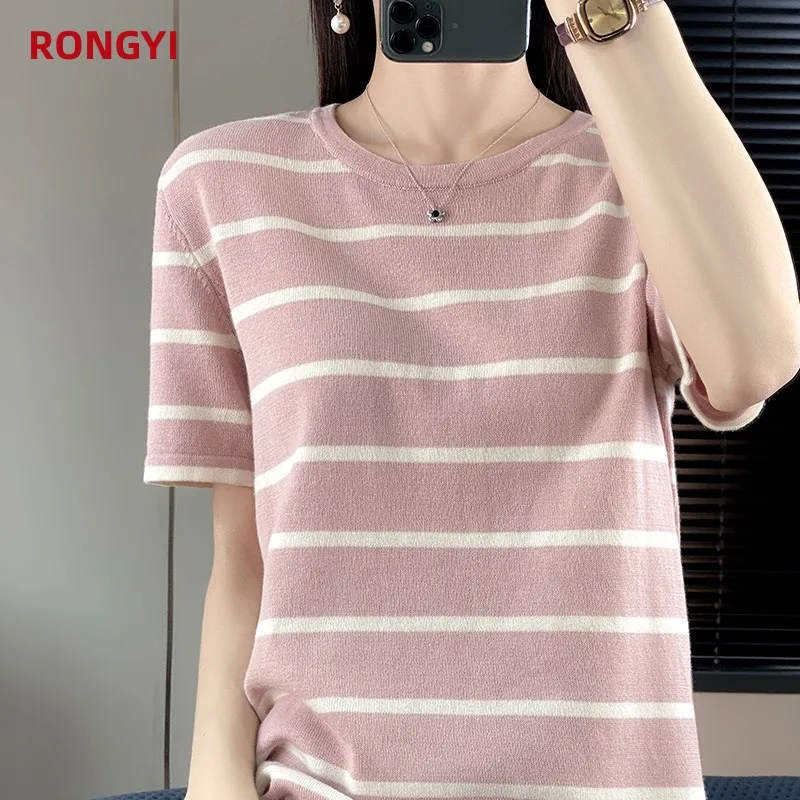 RONGYI Spring And Summer 100% Cotton Women\'s O-Neck Pullover Short Sleeve T-Shirt Striped Knitting Fashion Casual Spacious Top