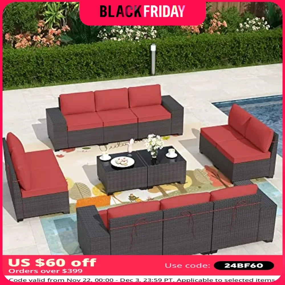 12 Pieces Outdoor Patio Furniture Set Brown PE Rattan Patio Conversation Set w/10 Rose Red Seat Cushions and 2 Coffee Tables