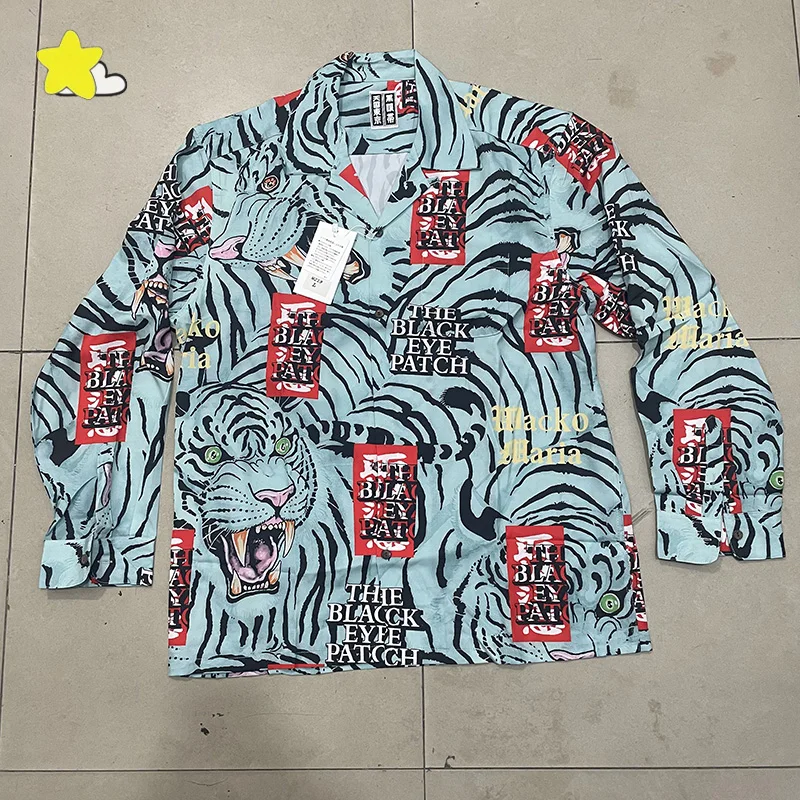 High Street полный тигровый принт WACKO MARIA рубашка с длинными рукавами для мужчин и женщин большие повседневные шелковые рубашки из полиэстера с внутренними бирками