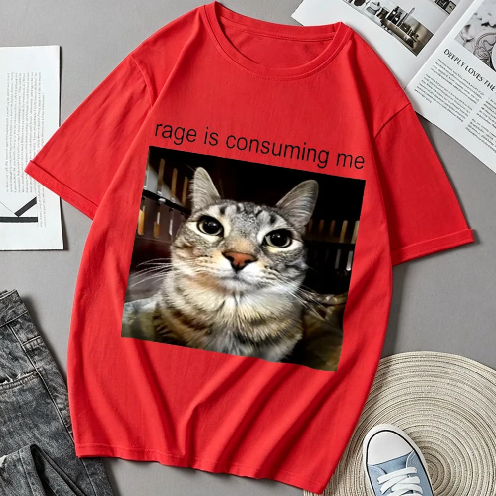 Rage Is Consuming Me Funny Angry Tabby Cat Meme Graphic Print Cotton T‑Shirt Casual Loose Streetwear Top Humorous Internet Tees