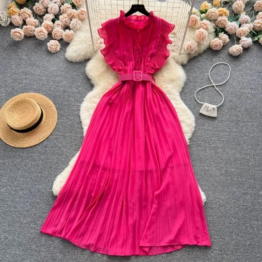 

2024 Summer New Fashion Flying Sleeves Women Dress Round Neck A-line Pleated Vestidos Elegant Female Large Swing Long Dresses