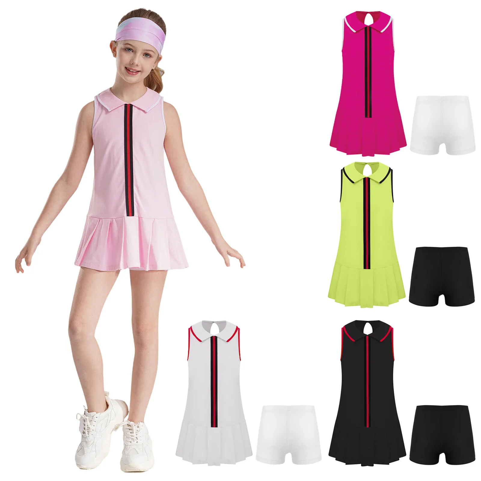 Kids Girls Tennis Dress with Shorts Set Sleeveless Golf Sports Dress Pleated A-Line Mini Skirt Athletic Workout Dress