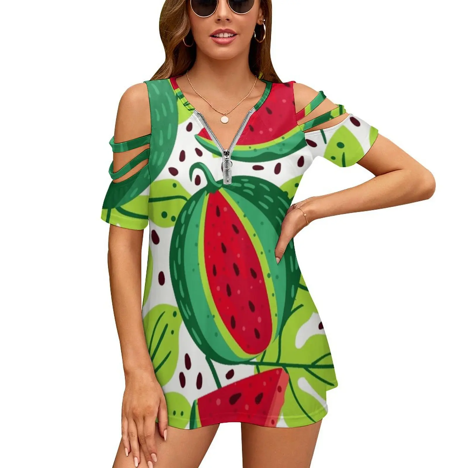 And Sweet Watermelon Women Zipper Sexy Printed Vintage T Shirts Tops Full Print T-Shirt Sweet Watermelon Summer Red Green Seeds