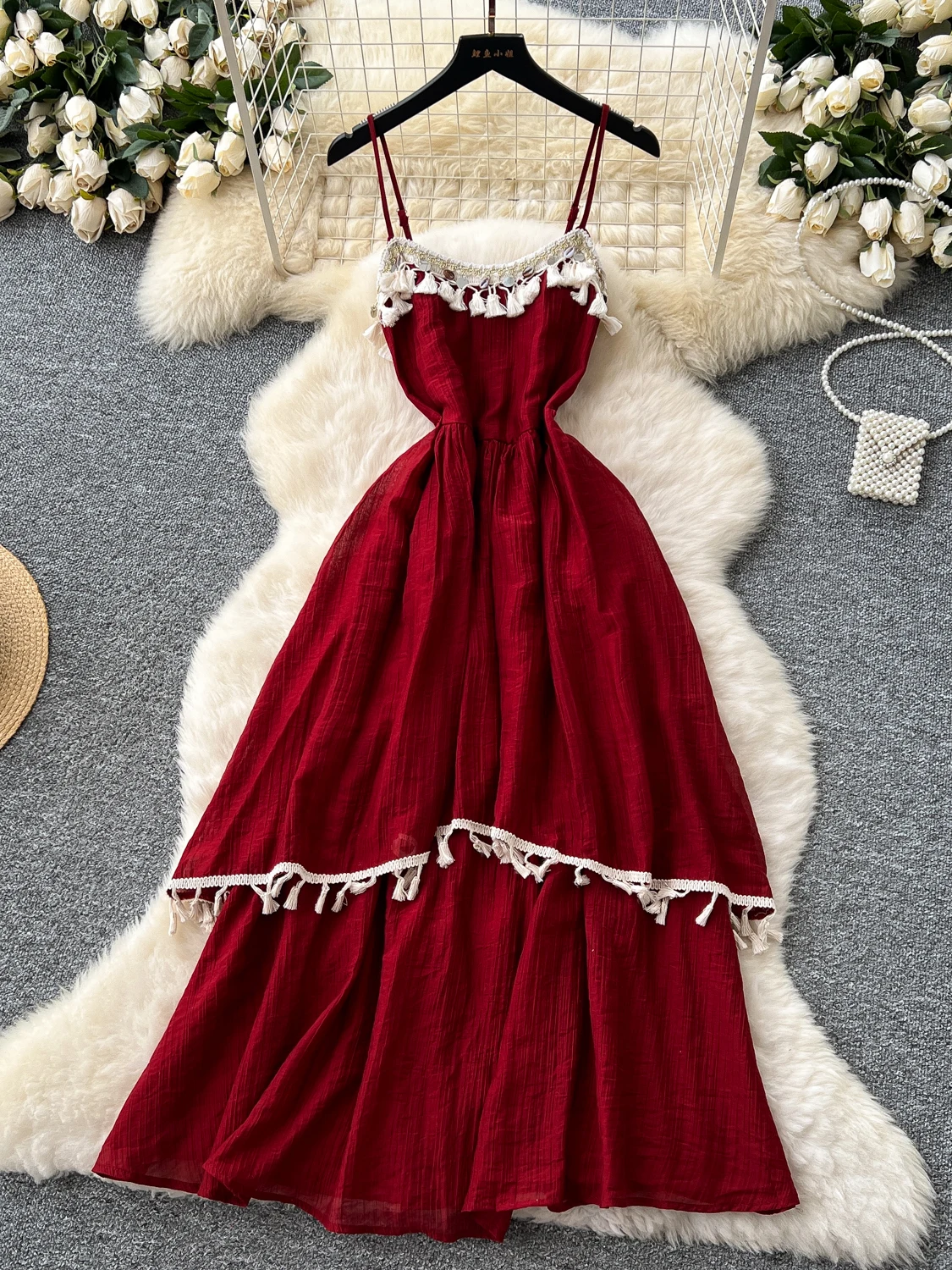 Damen Chic Fransen Hosenträger Schlankes Langes Kleid 2025, Sommer, unregelmäßig, rückenfrei, schlank, Boho, Strand, lässig, Party