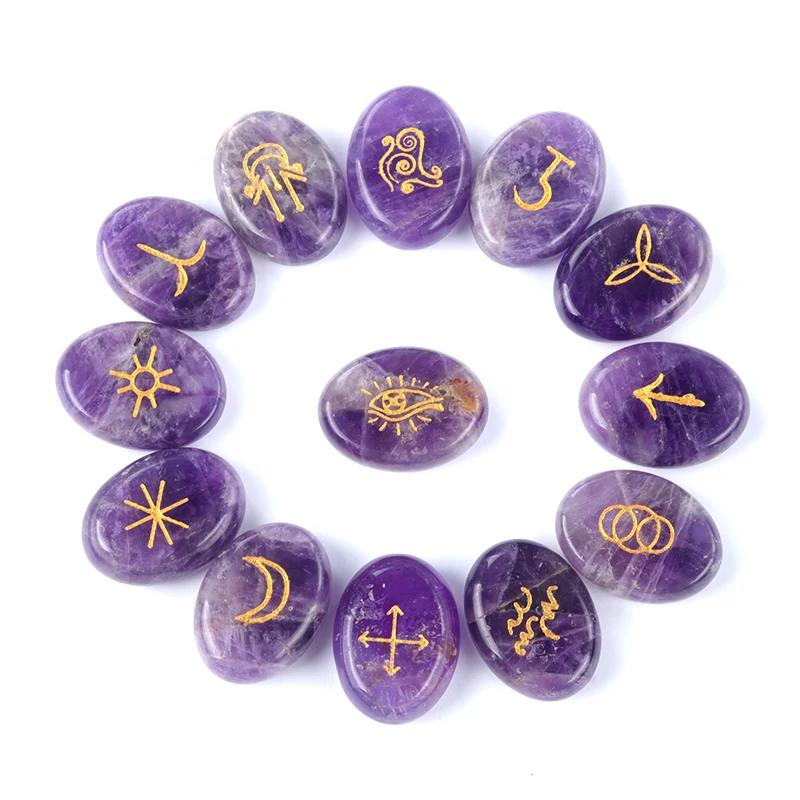 

13pcs/set 15x20mm Witch Rune Gemstone Beads Oval Shape Small Size Semi-precious Stone Engraved Crystal Reiki Healing