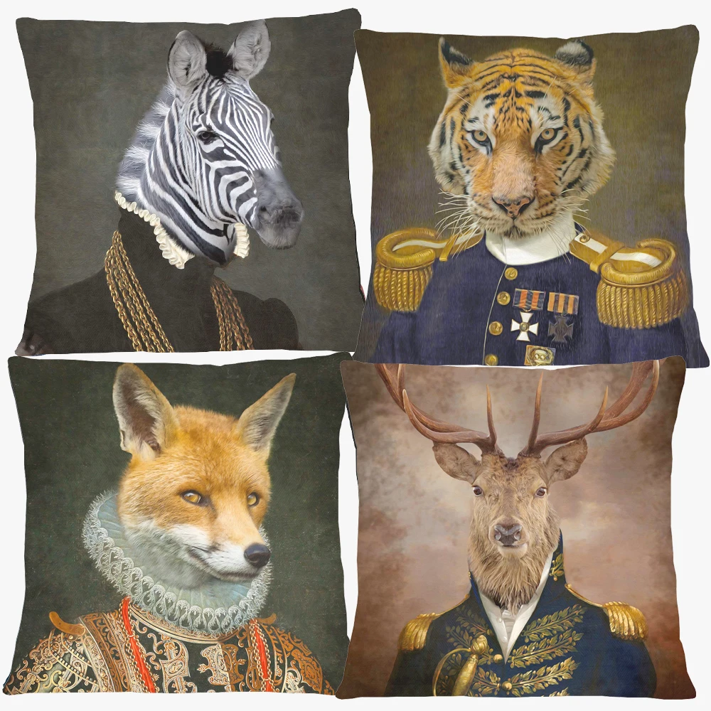 Animals Portraits Cushion Covers Stag Zebra Fox Bunny French Bulldog Cheetah Poster Art Decorative Pillow Case