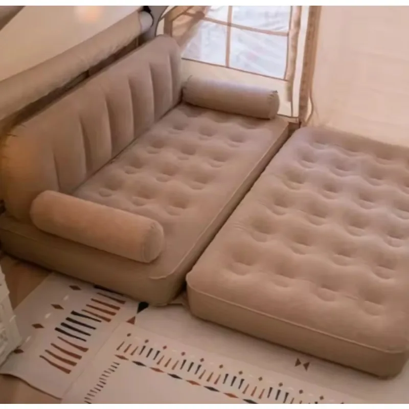 Portable Inflatable Air Sofa Bed Foldable Reclining Velvet Surface Built-in Pump For Living Room Camping Outdoor Use