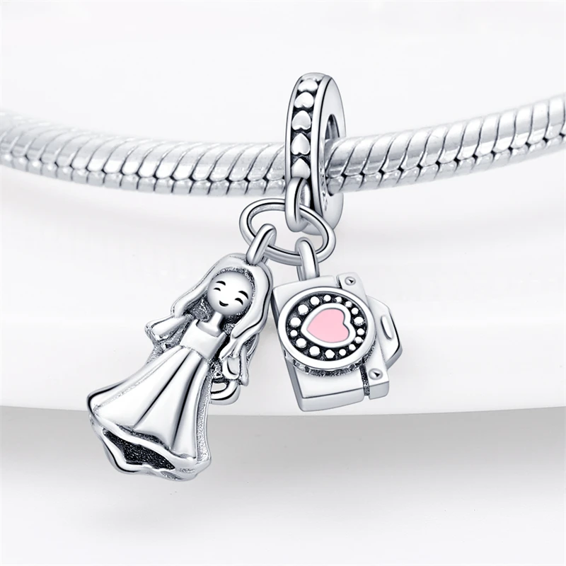 925 Sterling Silver Travel Girl Camera Charms Pendant Fit 3mm Original Bracelet DIY Women Exquisite Anniversary Jewelry Gifts