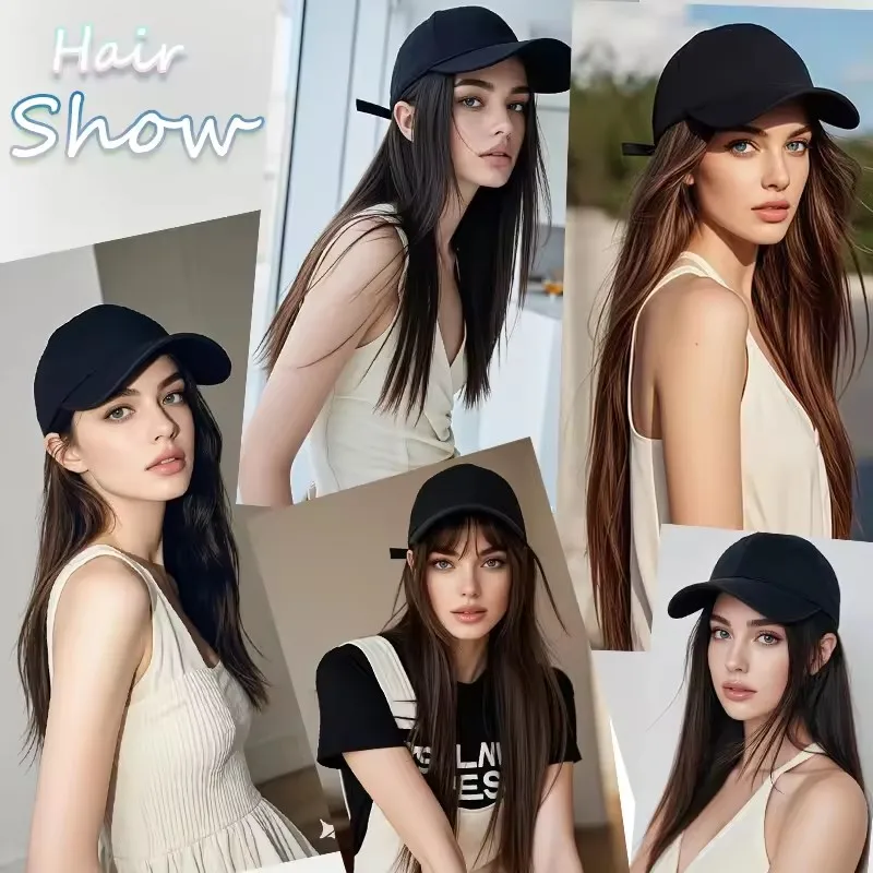 Synthetic Hat Wig with Long Straight Black Hair Baseball Cap Hair Extension Stylish & Convenient All-in-One Design for Women - view 6
