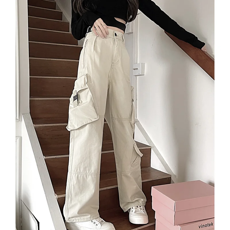 

Vintage Solid Color Cargo Pants Fashion Many Pocket Straight Mopping Pants High Street Y2K Baggy Wide Leg Trouser Ladies Spring