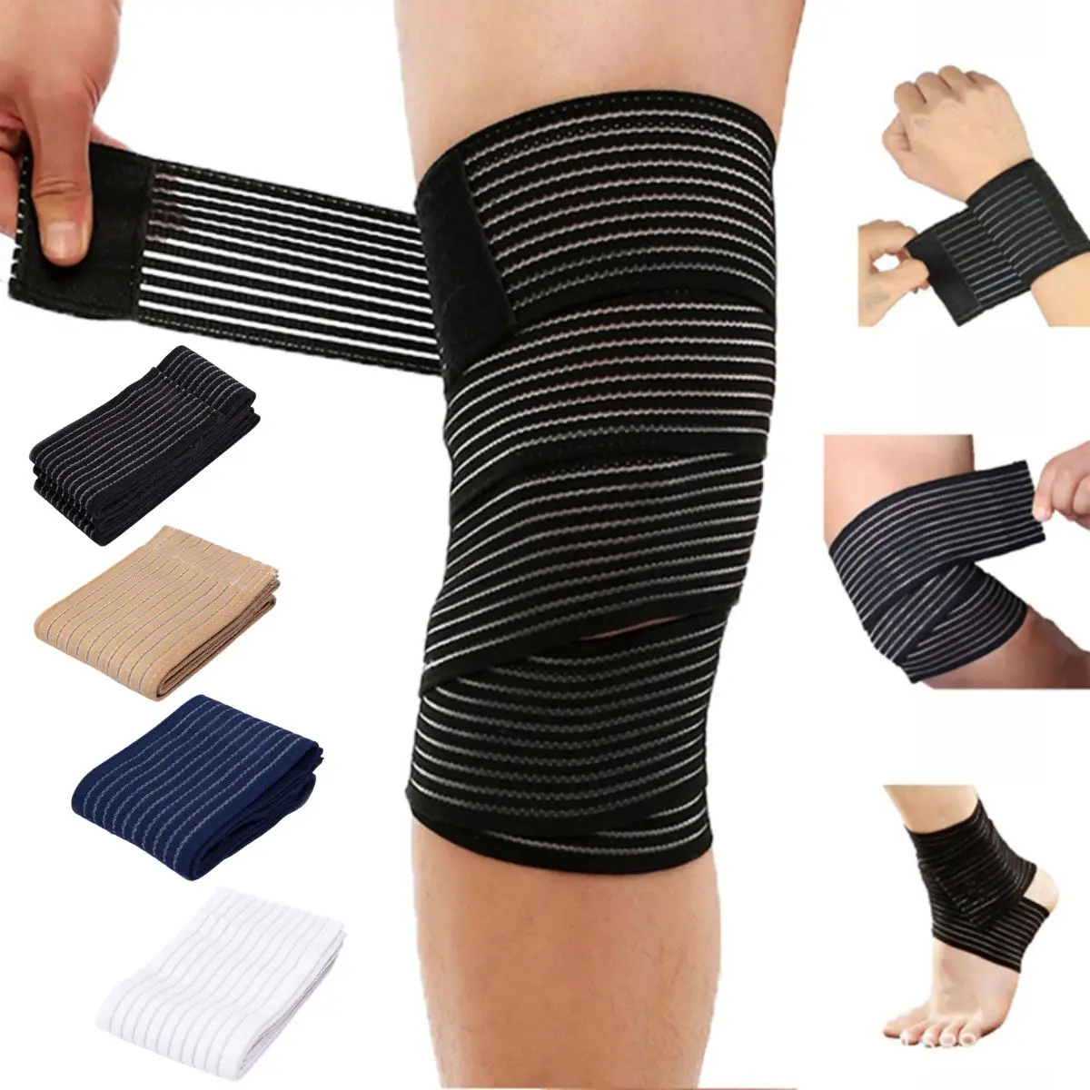 Extra Long Elastic Knee Wrap Compression Bandage Brace Support Adjustable Compression Wrap Knee Wraps for Basketball Football Ru