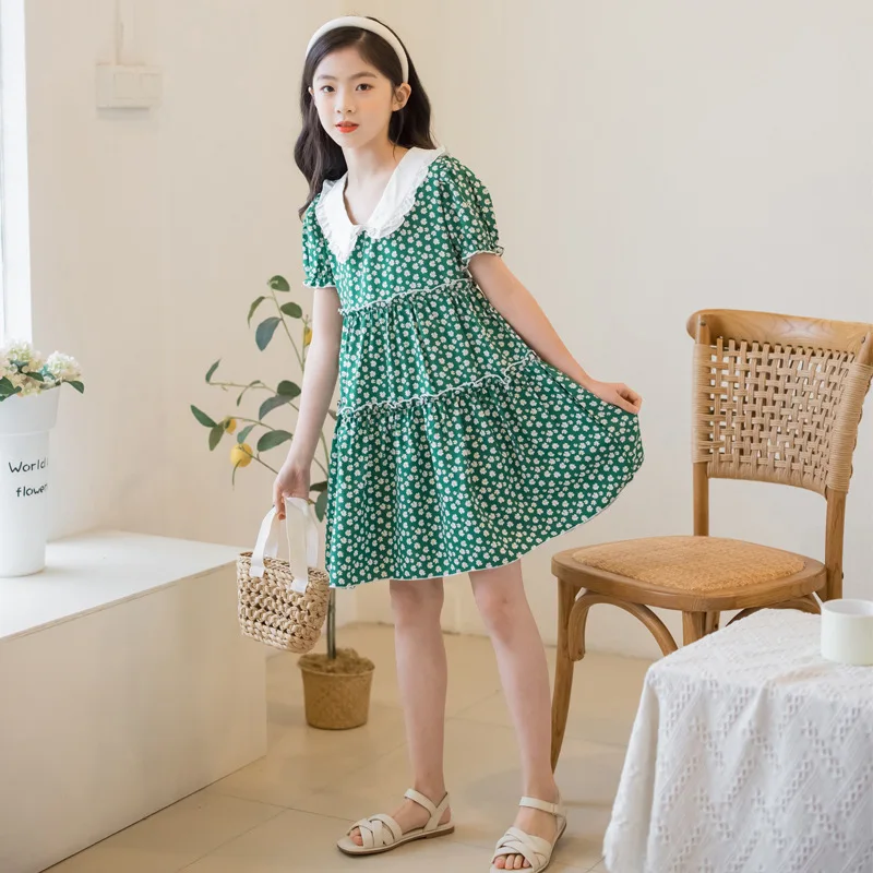 Korean Summer Junior Girl One-piece Dress Elementary Girl Gauze Doll Collar Princess Dress School Girl Daisy Print Fluffy Dress