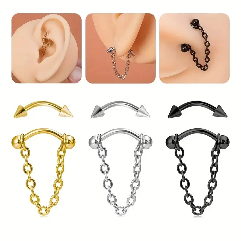 2pcs Stainless Steel Curved Barbell Eyebrow Ring with Chain Ball/Cone Cartilage Stud Earrings Multi-Purpose Piercing Jewelry