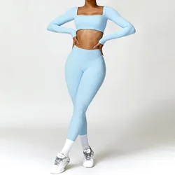 Conjunto de Yoga de 2 piezas para mujer, chándales deportivos, ropa de gimnasio, traje de Yoga, chándales de Fitness, Top corto de realce, Leggings de cintura alta